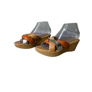 Mila Paoli Wedge Heel Sandal Slide Open Toe Genuine Leather Brown Tan Orange 6.5